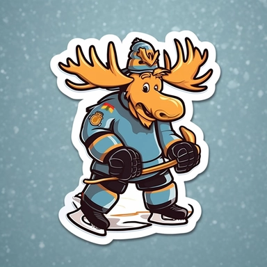Showcasing a cartoon Moose playing hockey on a frozen lake. The design should capture the Moose's comical nature and incorporate a popular Canadian sport. The artwork can be lively and humorous, with the Moose wearing a hockey jersey and holding a hockey stick.r, that can be used as a sticker, colorful, highly detailed, white background, style of pixar clipart, white background,--no cut off edges
