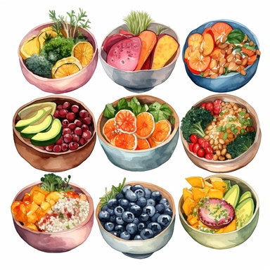 watercolor clipart of a collection of various nutritious healthy bowls, presented in a flatlay style with a top-side view on a clean white background. Each bowl should be filled with a visually appealing arrangement of nutritious ingredients, showcasing their vibrant colors and textures. Ensure that the bowls are not overlapping or interacting with each other, maintaining a clear separation between them. Include fruits like banana, kiwi, pomegranite, acai, tropical fruits. Capture the details of