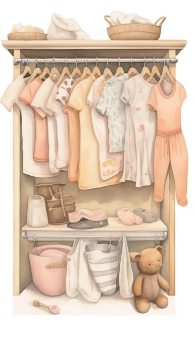 clipart aquarelle, kids baby clothes socks, shirts and and bib hanging in open air, neutral soft colors, minimalistic, adorable, shabby, situated in kids room