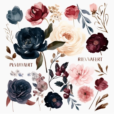 Create an enchanting collection of ultra-detailed watercolor floral clipart, showcasing a mesmerizing color palette of navy, burgundy, and blush. The clipart should capture the richness and depth of these tones, evoking a sense of sophistication and romance. Incorporate a variety of floral elements, including roses, peonies, and other elegant blooms, each meticulously painted to emphasize their unique textures and intricate details. Design the clipart with a focus on wedding themes, allowing for
