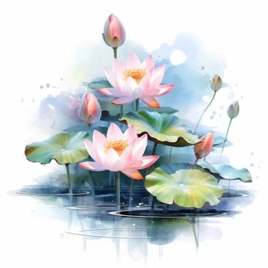 lotus flowers with blossoms floating on the water artistic watercolor with a delicate touch with shadow gradation white background clipart high quality 8k hyper detailed