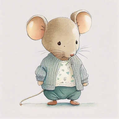 cute children's book illustration of a vintage mouse wearing clothes, smooth watercolor details, in the style of Pixar, soft colors, outline, nursery art, popular on pinterest, clipart, trending on artstation, minimalist, watercolor illustration clipart, watercolour clipart, watercolor illlustration for kids and children, book illustration, flat design, white solid background