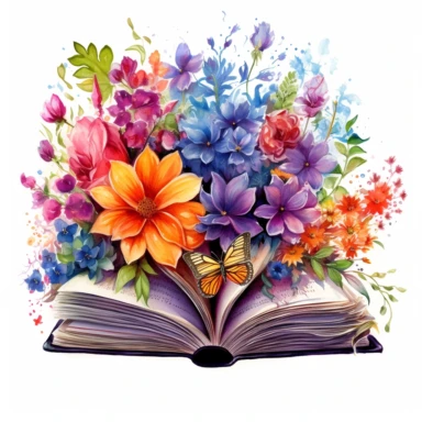 a detailed watercolor clipart showcasing a floral open book, where each page unfolds to reveal a kaleidoscope of blooming flowers, offering endless inspiration, Transport yourself to a world of floral abundance and creativity, white background