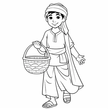 cute middle eastern boy with a basket, b&w lineart, minimalist style, white background, full body, picture, coloring book style on white background, well composed, clean coloring book page, No dither, no gradient, strong outline, No fill, No solids, vector illustration, clipart, simple, cartoon –ar 9:11 –v 5