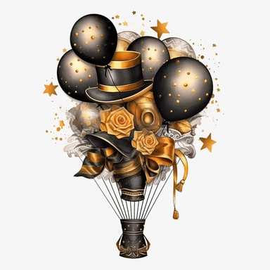 Steampunk Birthday Balloon Bouquet Clipart, black and gold colors, Steampunk, watercolor, sweet, happy, high resolution, transparent white background no captions