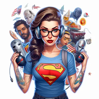 beautiful pretty gamer girl, pin up style, cute angry face, with headphones, makeup and hair 50's style, Superman tshirt, showing shoulders, tattoed arms,glasses, holding Lucille baseball bat,with money in her hand, dark hair, paint art style, different poses, different haircolor, detail, clipart, white background, superrealistic, one of a kind