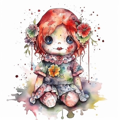 watercolor stuffed toy raggedy ann doll with flowers, clipart , cute, alcohol ink, splatter effect