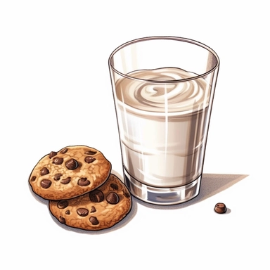 Glass of milk and chocolate chip cookies drawing sublimation clipart, hd, intricate detail, illustration style, high solution, on the white background