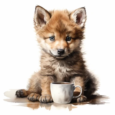 hyperrealistic ultra detailed watercolor clipart, cute baby wolf with a coffee mug, isolated on white background, in the style of digital print, clipart, illustration, sticker, ultra high definition, rich details, 32K, HD