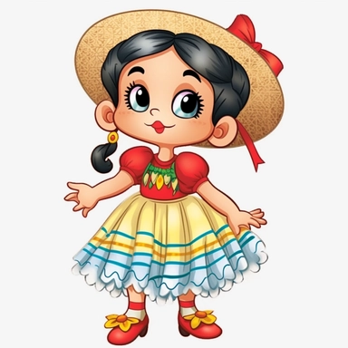 a cute blond little girl dressed for a brazilian junina party, with a blue and yellow flowing dress, braids in her hair, red shoes, happy, Monica's gang style, Graphics Maurício de Sousa, digital art, big eyes, cartoon, clipart , country girl from festa junina from brazil cute drawing white background
