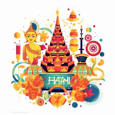 Design clipart representing Thai festivals Descriptive Keywords: Songkran Water Festival, Loy Krathong, Yi Peng Lantern Festival, Phi Ta Khon Ghost Festival, Vegetarian Festival Style of Photograph: Festive and colorful