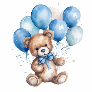 Watercolor Teddy Bear , Blue Aeroplane Balloons clothes, Baby Shower for a boy, Clipart, sweet, cuddly, happy, playfull, playing, diffrent pose, Transparent background PNG, Blue Aeroplane Balloons q2 v4