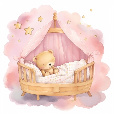 a whimsical watercolor clipart image with a pink background and golden accents, featuring a baby bear sleeping peacefully in a cozy golden crib, surrounded by soft pink clouds. The ultra-detailed, hand-drawn elements capture the sweetness and innocence of the baby bear. Use shades of pink ranging from soft pastels to vibrant fuchsias, combined with touches of golden hues, to create a visually appealing and dreamy image that conveys the tranquility and warmth of the nursery.