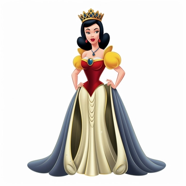 FULL-BODY PERSPECTIVE OF A 2D DISNEY CLIPART ILLUSTRATION OF A BEAUTIFUL AND BENEVOLENT QUEEN, WHITE BACKGROUND, STYLE OF DISNEY'S 1937 MOVIE SNOW WHITE, WHITE BACKGROUND