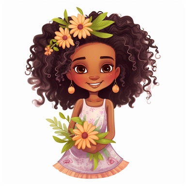 African American girl, pretty flower style cartoon, clipart, white background