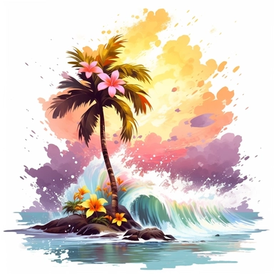 artwork majestic palm tree in digital painting style, beautiful flowers, sunrise mountains and clouds, big sea waves, water splashes, white background, colorful fantasy flower surround, highly detailed clean, vector image, photorealistic masterpiece, professional photography, realistic, flat white background, isometric, vibrant vector, clipart, illustration, realism, 4k, cinematic, front view, white background, tropical, tropical flowers, flora