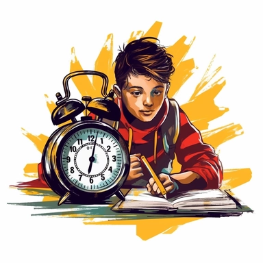 Stopwatch, pencils, a young child looking cool, doing homework with determination, vector style graphic, positive vibe, clipart, single design, white background