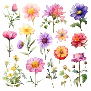 Watercolor style, Boho Birth Month Flowers, variations, hyper realistic detailed clipart, on a white background