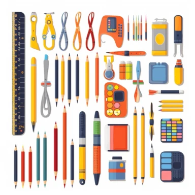 clipart set, various school supplies, vector illustration, smooth brushwork, white background