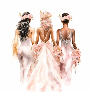 glamour dolce & gabbana half body back shot, watercolor white wedding dress bride wedding black bride hairstyle with beautiful gold headpiece clipart, + two bridesmaids in pink dress, hd, isolated on white background, spaced out ar 3:2