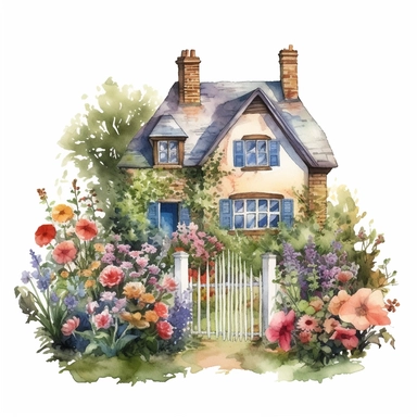 watercolour English cottage garden with a mix of colorful flowers and hedges plain background a png image that can be used as clipart