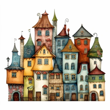 clipart houses, in the style of colin thompson, on white background