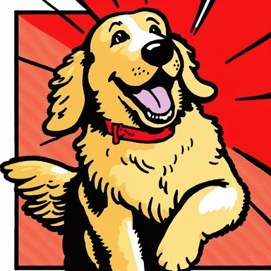 The image shows a cartoon dog, smiling and wagging its tail. The dog is a happy, playful golden retriever, with a shiny black nose and big, floppy ears. It is wearing a red collar with a shiny name tag, and its fur is a vibrant golden color. The background is a simple white, allowing the dog to be the focus of the image. This playful and charming clipart is perfect for use in greeting cards, posters, or any other project that needs a touch of canine cuteness.