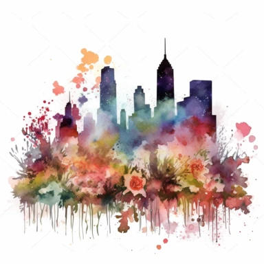 silhouette of New York skyline clipart, surrounded by flowers, watercolor style, white background