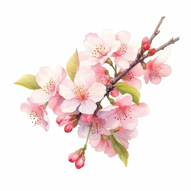 Botanical illustration, a branch of cherry blossoms, clear outline, clear handwritten watercolor clip art, manga, full size watercolor, watercolor style, Timothy Easton's style