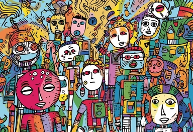 Pop art, Expressionism, simple Clip art, realistic line art, doodle, portrait, In the year 2050, students engage in a transformed learning environment where robots, students, and teachers play distinct roles, Various learning technologies revolutionize the educational landscape, including advanced robotics and artificial intelligence, virtual reality, augmented reality, and intelligent tutoring systems, Learning takes place in a variety of locations, ranging from technologically enhanced physica