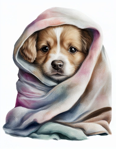 baby dog in a blanket, watercolor clipart, transparent background,
