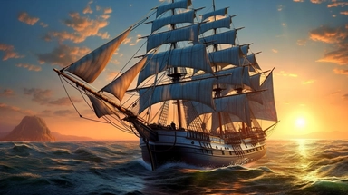 Subject of image: Tall clipper ship a drift on the ocean at sunset, on the deep “blue” sea, close-up view of a clipper ship, Tall clipper ship a drift on the ocean at sunset on the deep “blue” sea, close-up view of a clipper ship, the ocean is perfectly still & looks highly reflective like a glass mirror, realistic detail, Realistic-Materials, details smooth & infocus, smooth sharp focus, Super-Resolution, super detailed infocus, Photorealistic, Hyper-realistic, Super-realistic, 8K UHD, Lumen Re