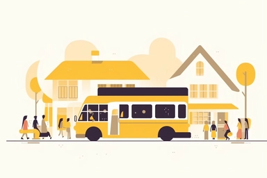 modern yellow bus in a village with happy people around. front shot, minimalist style, infographic illustration style character, Kurzgesagt animation style, thick lines, infographic animation style. Very minimal detail. 2D drawing, clip art, trending on video hive, After Effects, colorful, flat shade. solid untextured white background