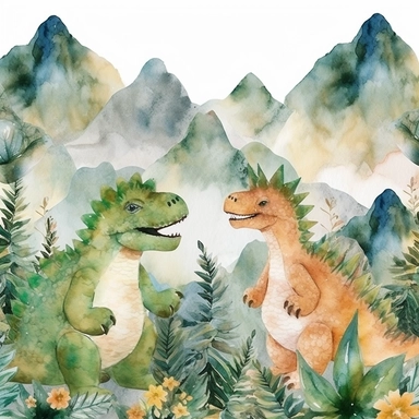 friendly, fluffy watercolor dinosaurs clipart, in mountains, forest, separated, seamless, transparent background--AR 3:2