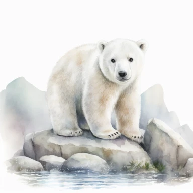 watercolour beautiful cute white baby polar bear with a beautiful cute face with perfect facial features next to igloo in beautiful arctic scene perfect beautifully detailed paws,png image,high resolution,300dpi,graphic clipart,computer graphics