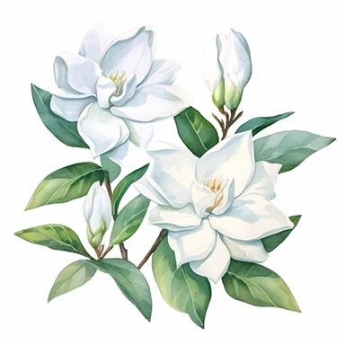 watercolor gardenia flowers clipart for wedding invitation card, hd, detailed, pastel color, clean line, on white background, spaced out