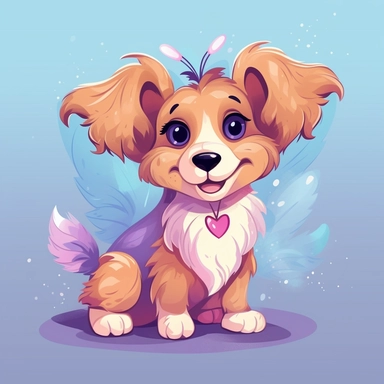 happy playfull fairy doggy, full body, playing, long eyelashes, cartoon character, vector illustration, clipart, 2D, flat style