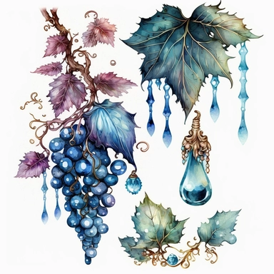 blue rococo grape jewels icicles watercolor clipart