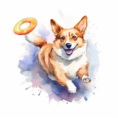 A happy corgi playing fetch with a frisbee clipart, white background, watercolor drawing