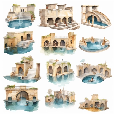 Watercolor well roman baths with people in water and around the baths eating fruit , illustrations clipart set, simple, , cartoon elements, different variants , , marble elements, separate elements with a margin
