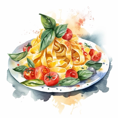 Italian Pasta Watercolor: A delectable watercolor clipart showcasing a plate of freshly cooked pasta, adorned with colorful ingredients like tomatoes, basil, and Parmesan cheese. (Watercolor, no background)
