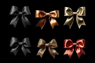 6 holiday packaging bows for giftbox isolated on a plain solid black background, clipart