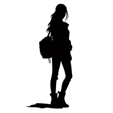 clipart teenage girl silhouette in black with a bag in hand white background