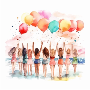 watercolor clipart of a bachelorette party, Depict a beach scene with sun, sand, and a group of friends enjoying beach activities, incorporating beach balls, cocktails, and colorful umbrellas to capture the carefree and lively spirit of a bachelorette party. ,isolated background,