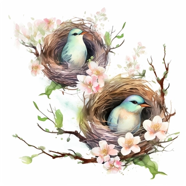 Highly detailed watercolor clipart, floral Bird Nests springtime cute birds and blossoms, , fantasy, highly detailed, fantasy cartoon illustration, greenery, alcohol ink, Watercolor, UHD, 8K, 3D