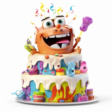 clipart of a messy two layer birthday cake, there is a funny face in the cake, candles, cartoon, for kids, funny, pixar, 8k, white background, sharp focus, detailed,