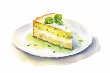 picturesque,a bright simple green tea sponge cake on dish in family restaurant, mint, clipart on white background, watercolor style,detailing, high quality, painted by Beatrix Potter, 8k