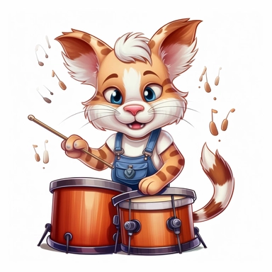 cartoon clipart design in disney style, drummer cat, white background