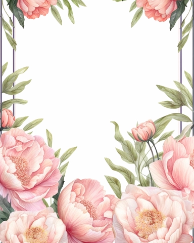 detailed watercolor rectangular pink peony flower border with line and with wide middle white space, realistic, clipart