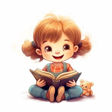 a happy little cute girl in a five-year-old, book, style by Lusy Fleming, folk art, watercolor, clipart elements, smooth gradients, black contour outline, ultra detailed, white background, super clear, high quality